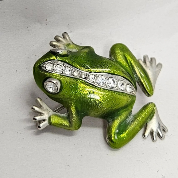 Frog Pin Brooch Green Sparkle Enamal Rhinestone Accents Sz 1.5 inches - Picture 2 of 4